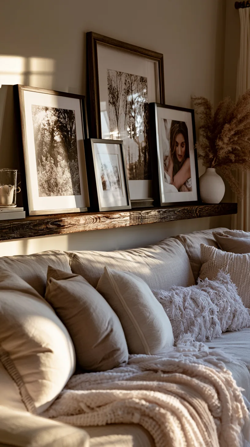 a narrow picture ledge with leaning framed art on a living room wall, photo 3 of 4