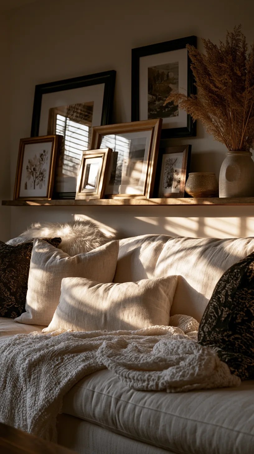a narrow picture ledge with leaning framed art on a living room wall, photo 4 of 4