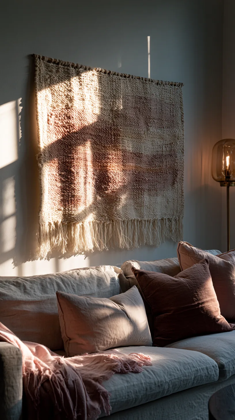 a woven textile wall hanging on a living room wall, photo 1 of 4