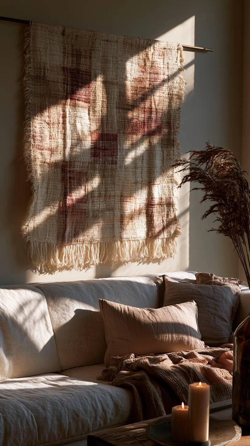 a woven textile wall hanging on a living room wall, photo 2 of 4
