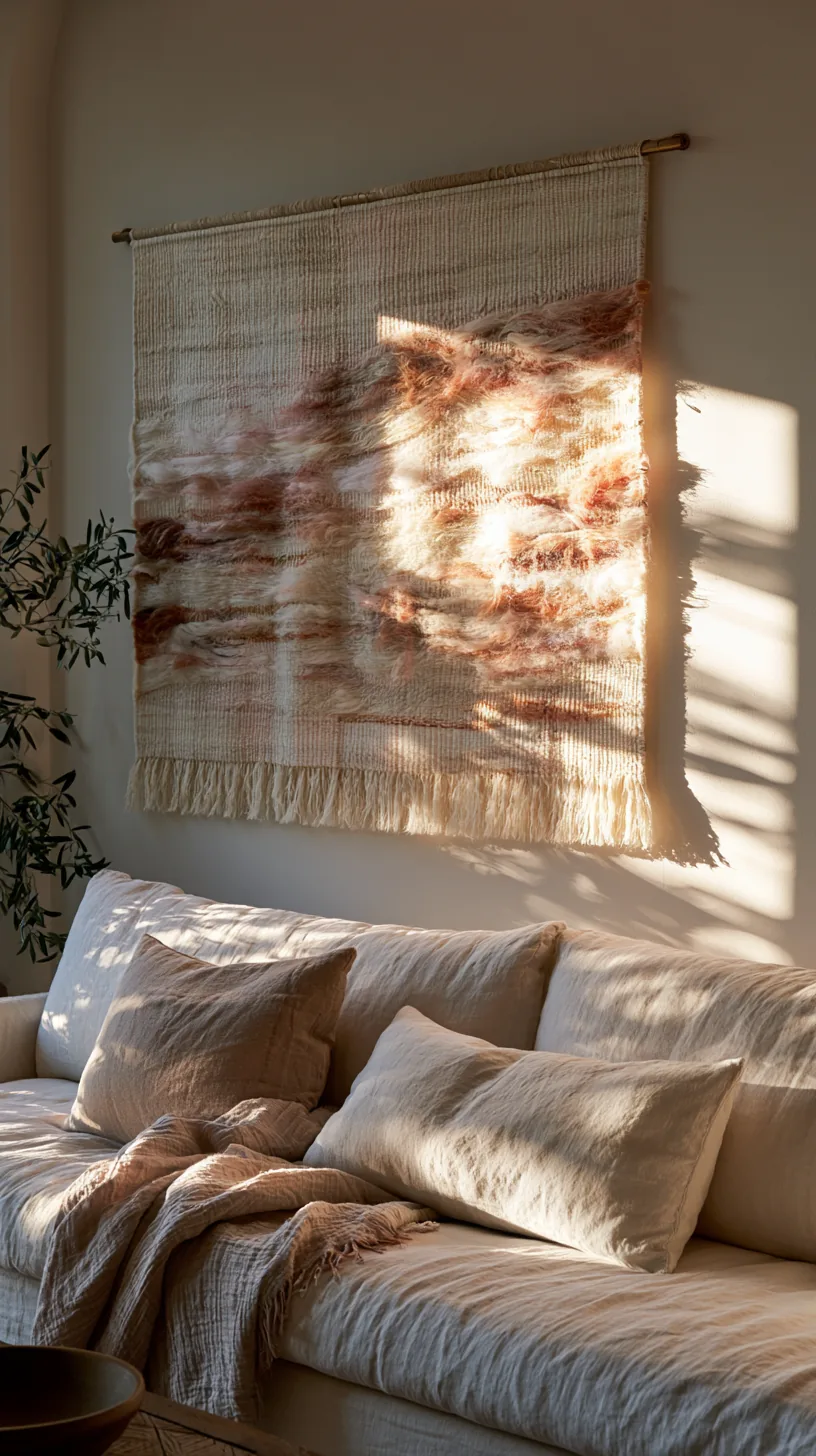 a woven textile wall hanging on a living room wall, photo 3 of 4