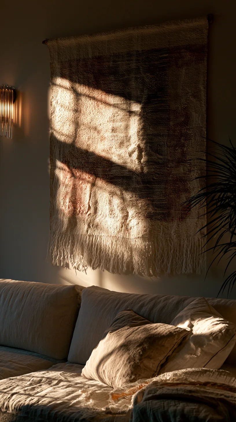 a woven textile wall hanging on a living room wall, photo 4 of 4