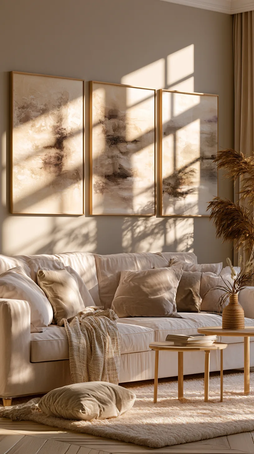 a three panel triptych canvas above a living room sofa, photo 1 of 4