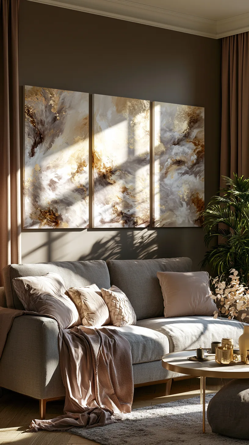 a three panel triptych canvas above a living room sofa, photo 2 of 4