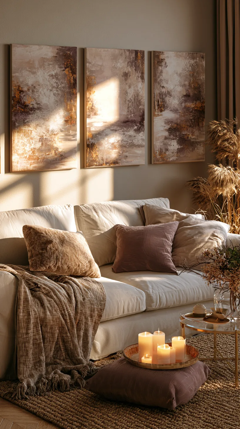 a three panel triptych canvas above a living room sofa, photo 3 of 4