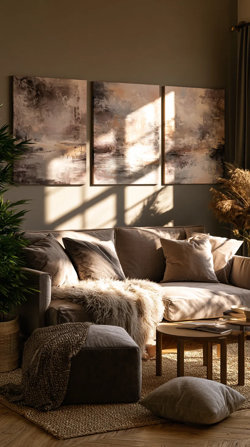 a three panel triptych canvas above a living room sofa, photo 4 of 4