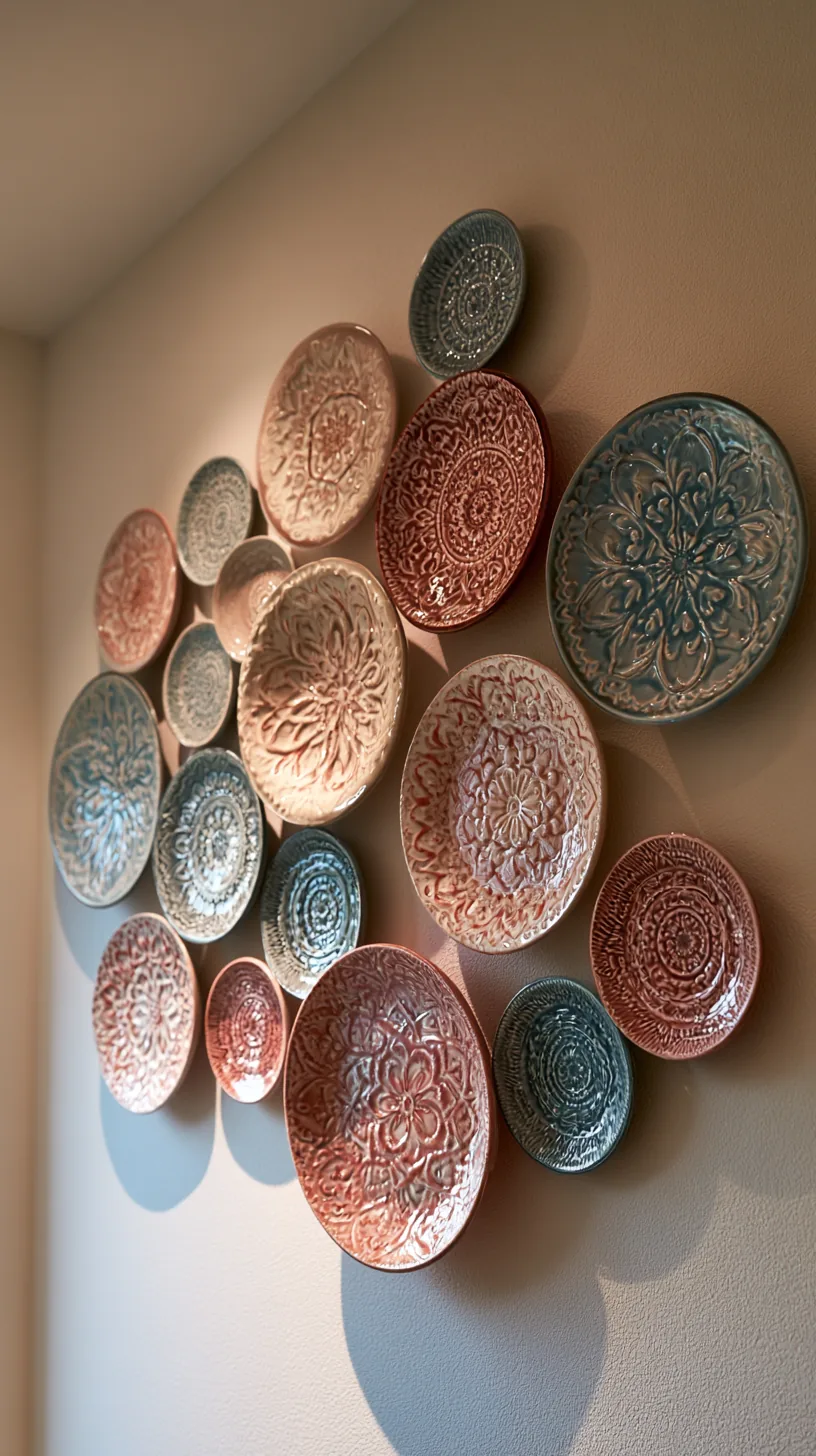 a cluster of decorative wall plates on a living room wall, photo 1 of 8