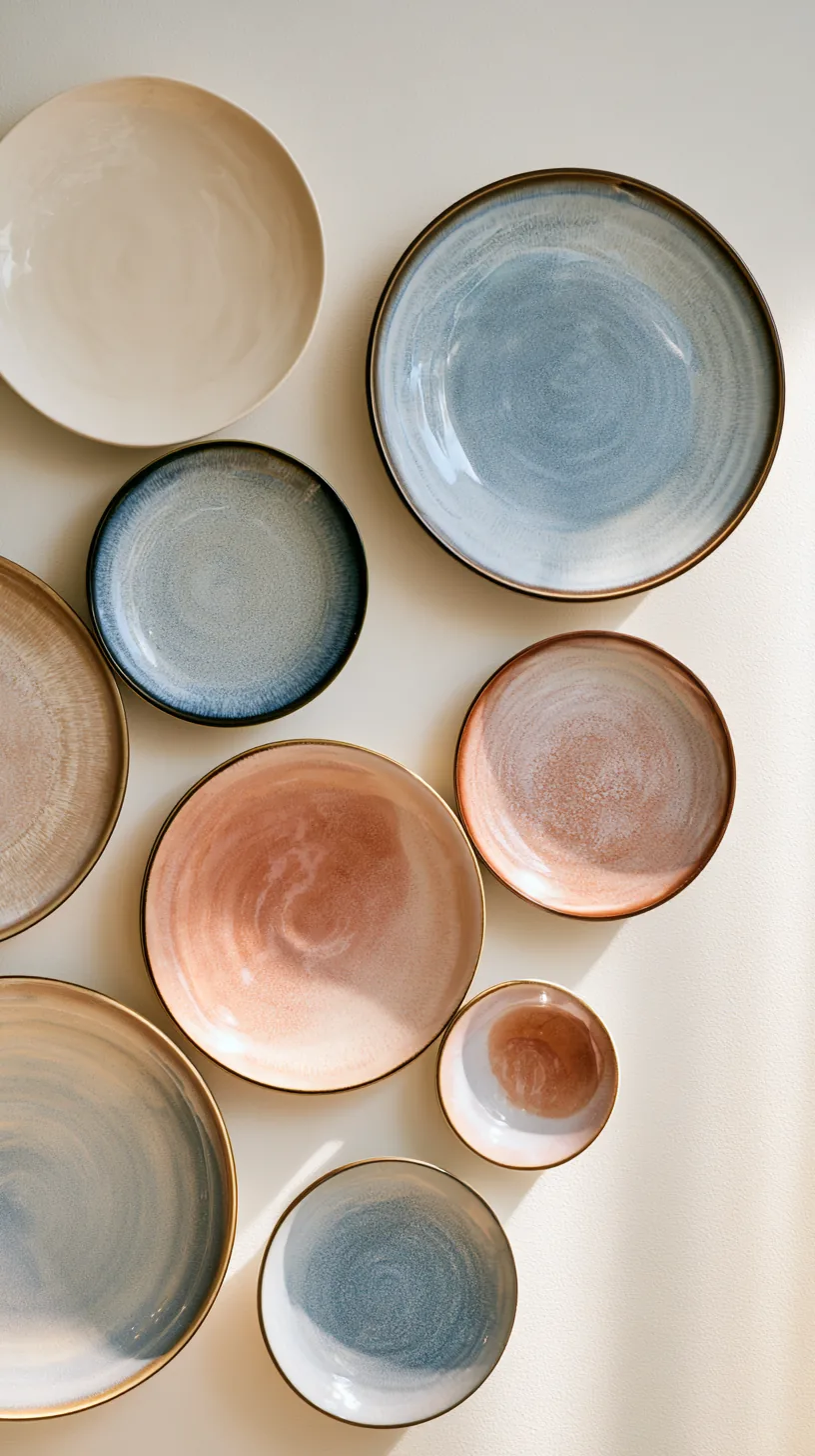 a cluster of decorative wall plates on a living room wall, photo 2 of 8