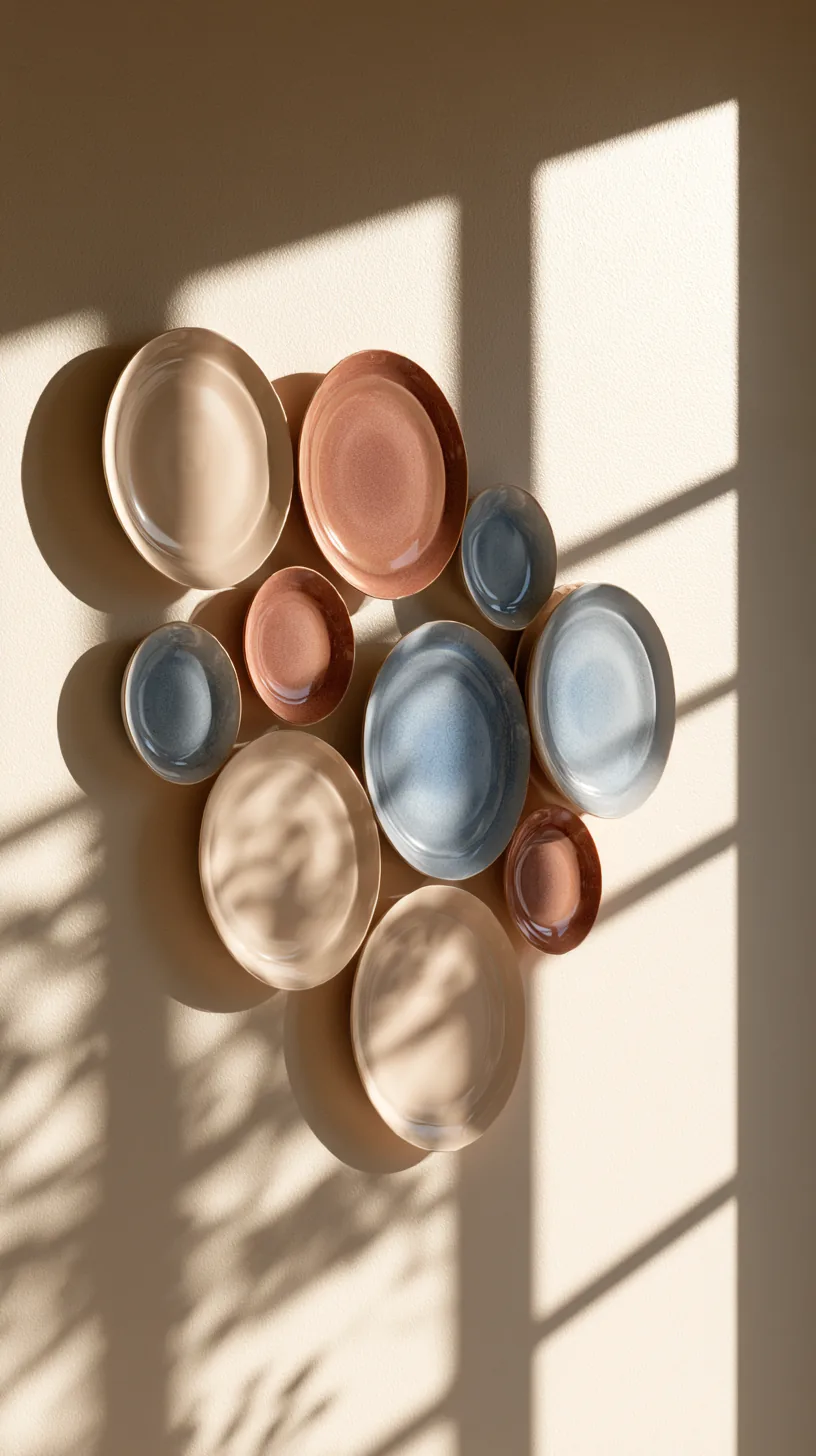 a cluster of decorative wall plates on a living room wall, photo 3 of 8