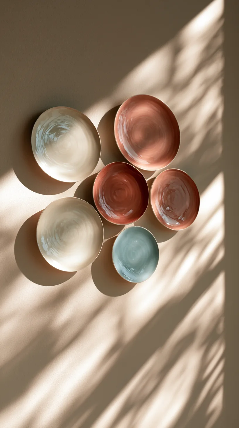 a cluster of decorative wall plates on a living room wall, photo 4 of 8