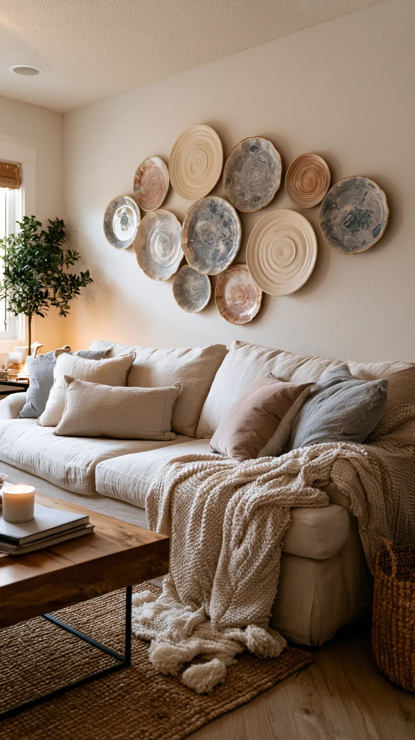 a cluster of decorative wall plates on a living room wall, photo 5 of 8