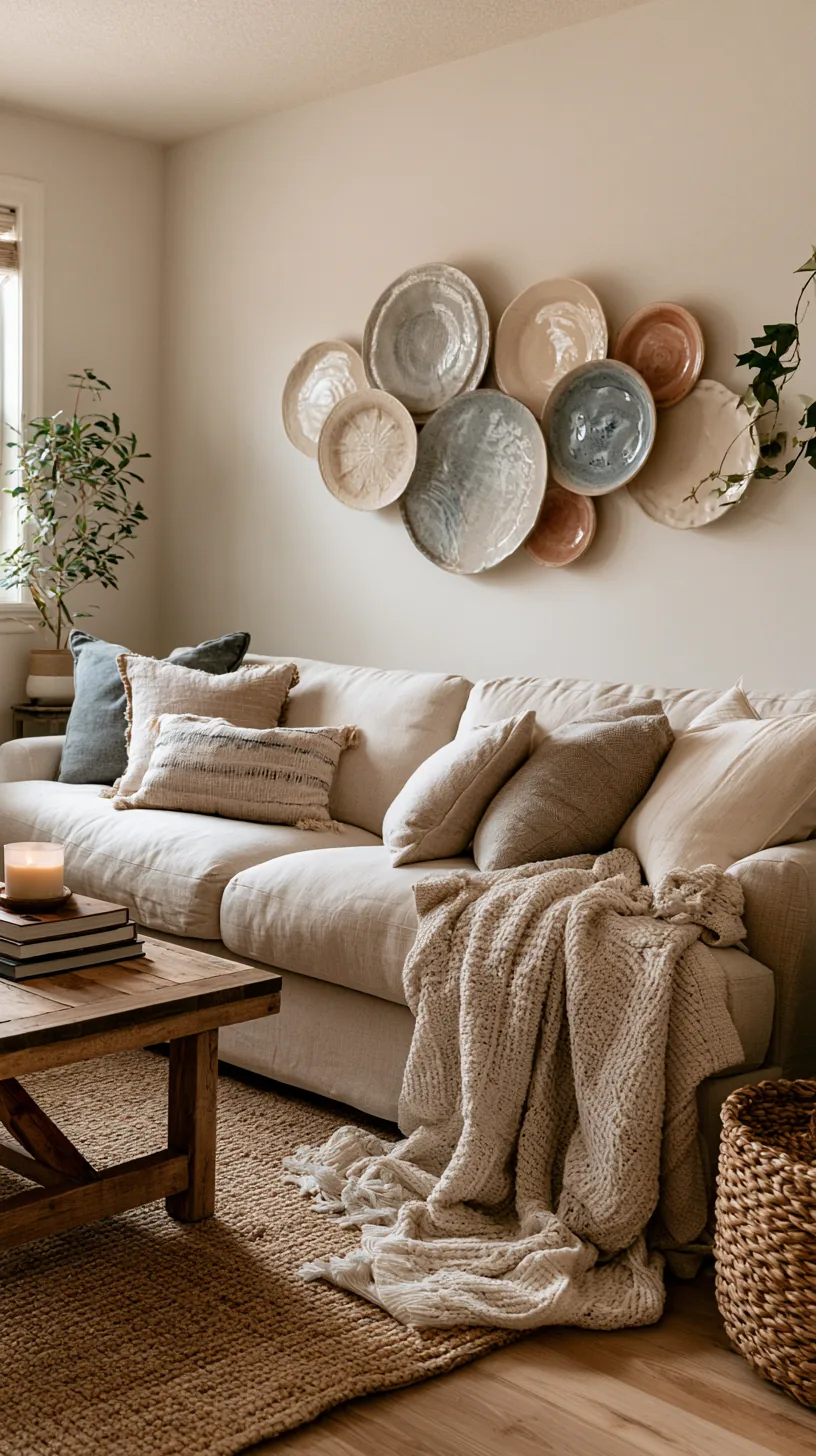 a cluster of decorative wall plates on a living room wall, photo 6 of 8