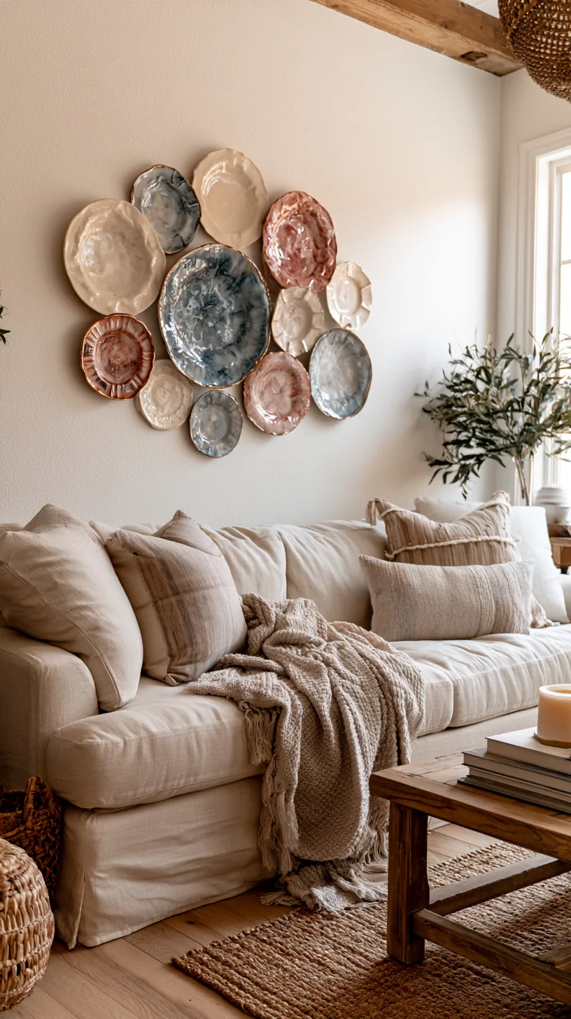 a cluster of decorative wall plates on a living room wall, photo 7 of 8
