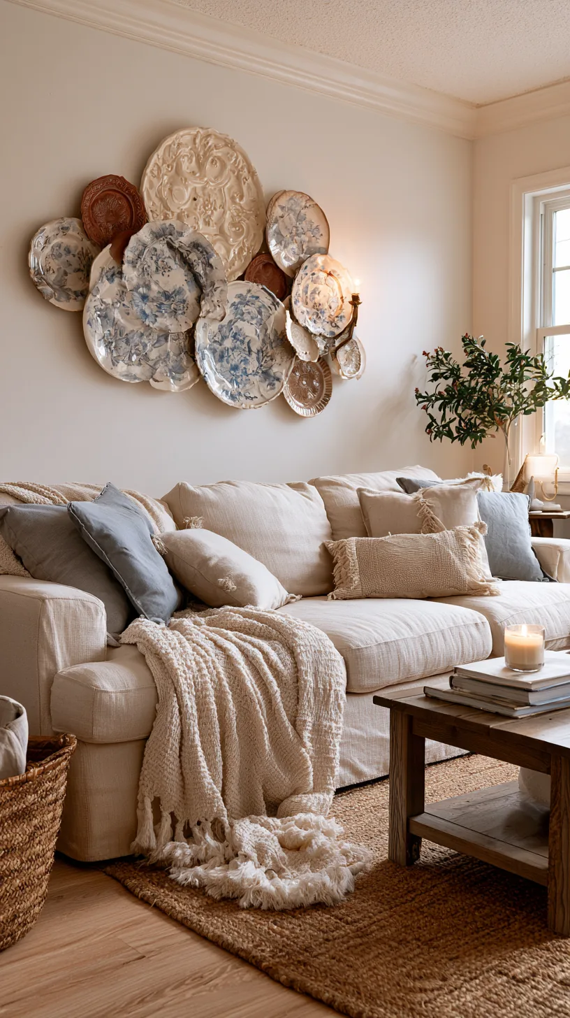 a cluster of decorative wall plates on a living room wall, photo 8 of 8