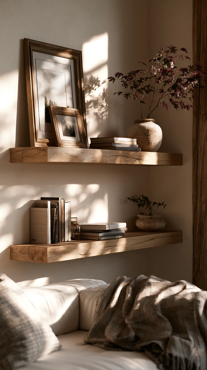 framed art styled on floating wooden shelves on a living room wall, photo 1 of 4