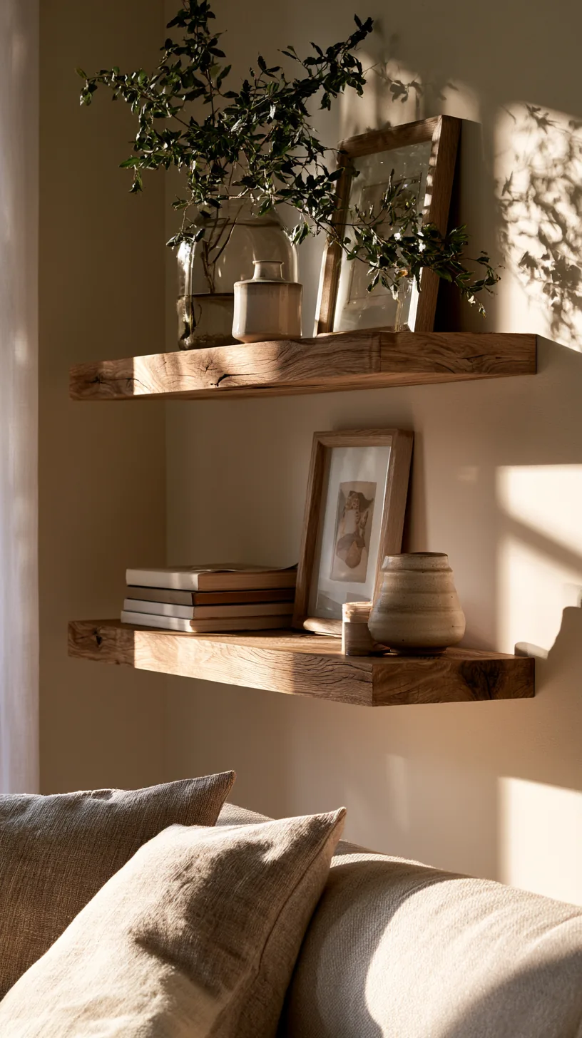 framed art styled on floating wooden shelves on a living room wall, photo 2 of 4