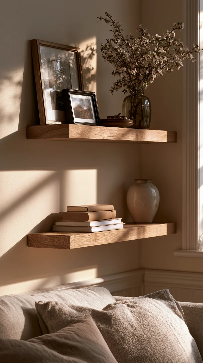 framed art styled on floating wooden shelves on a living room wall, photo 3 of 4