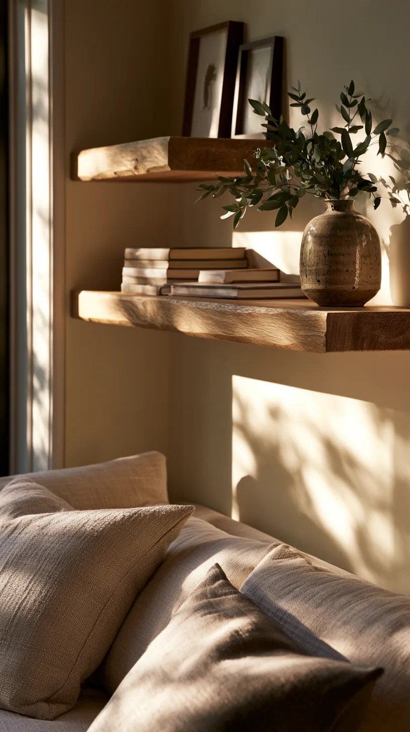 framed art styled on floating wooden shelves on a living room wall, photo 4 of 4