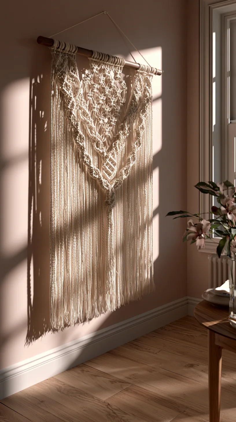 a macrame fiber art wall hanging on a living room wall, photo 1 of 4