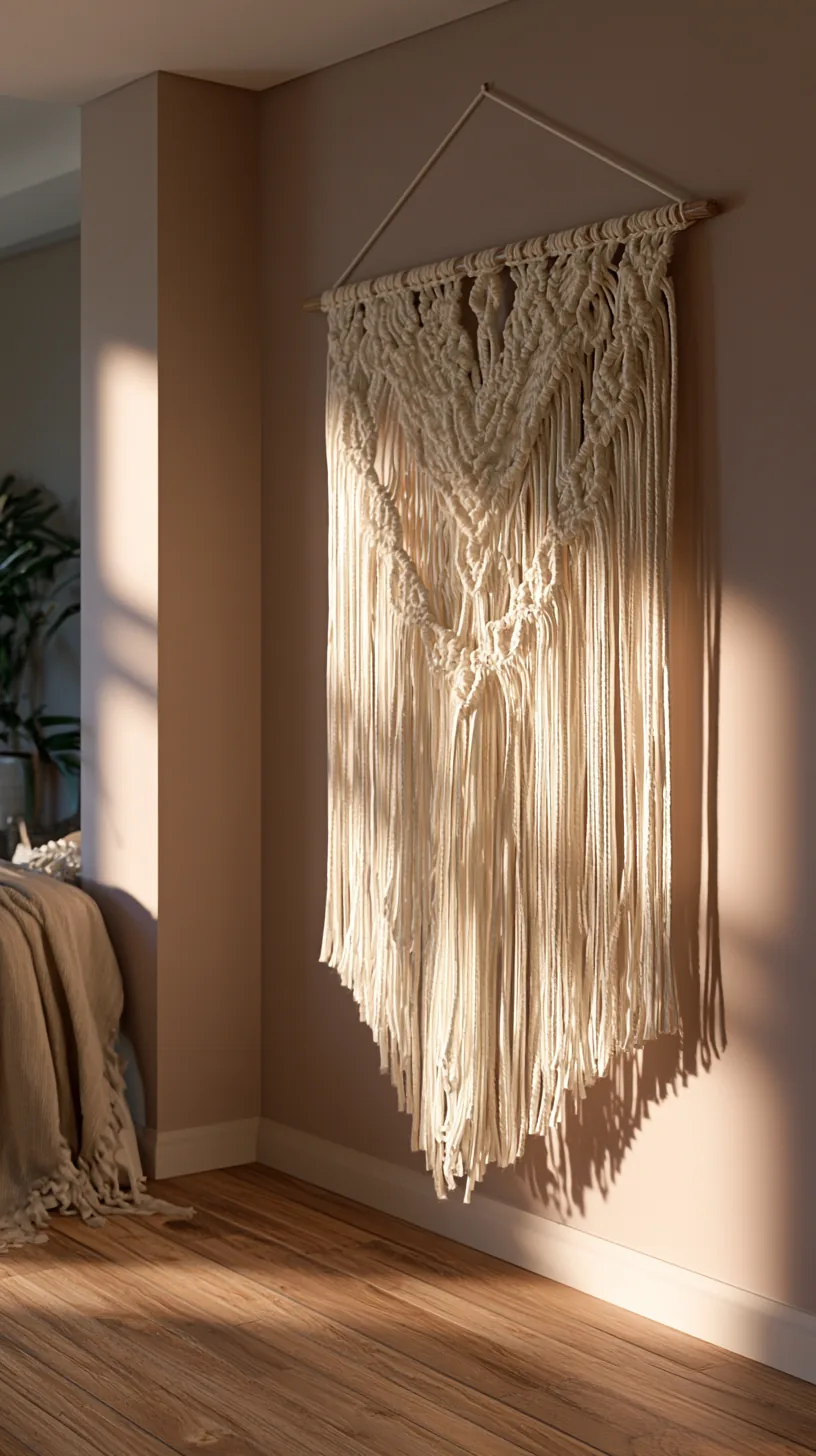 a macrame fiber art wall hanging on a living room wall, photo 2 of 4