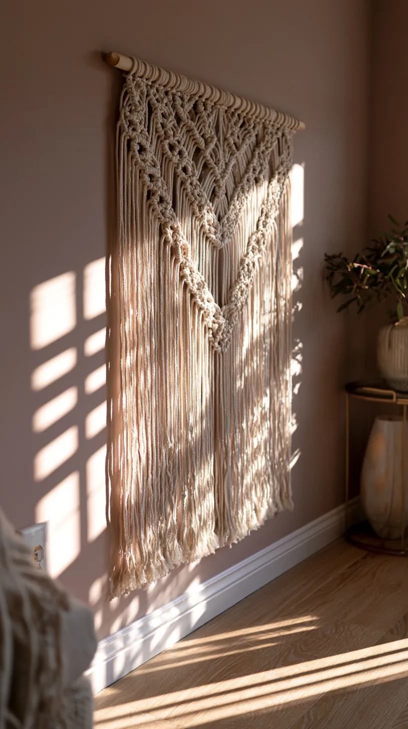 a macrame fiber art wall hanging on a living room wall, photo 3 of 4