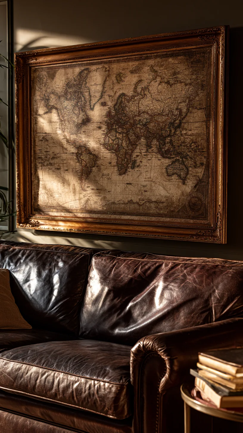 a vintage world map framed as art on a living room wall, photo 1 of 8