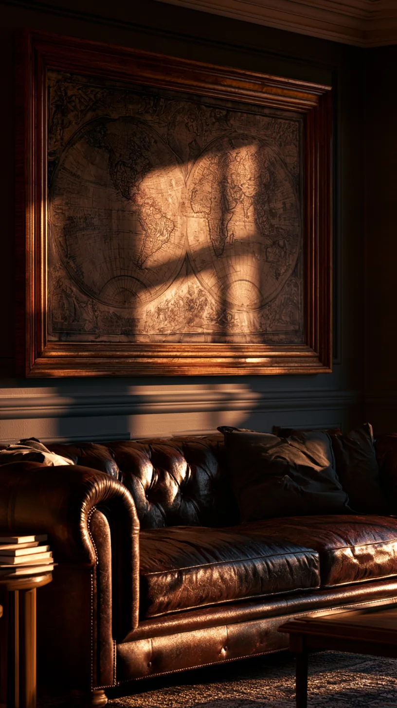 a vintage world map framed as art on a living room wall, photo 2 of 8