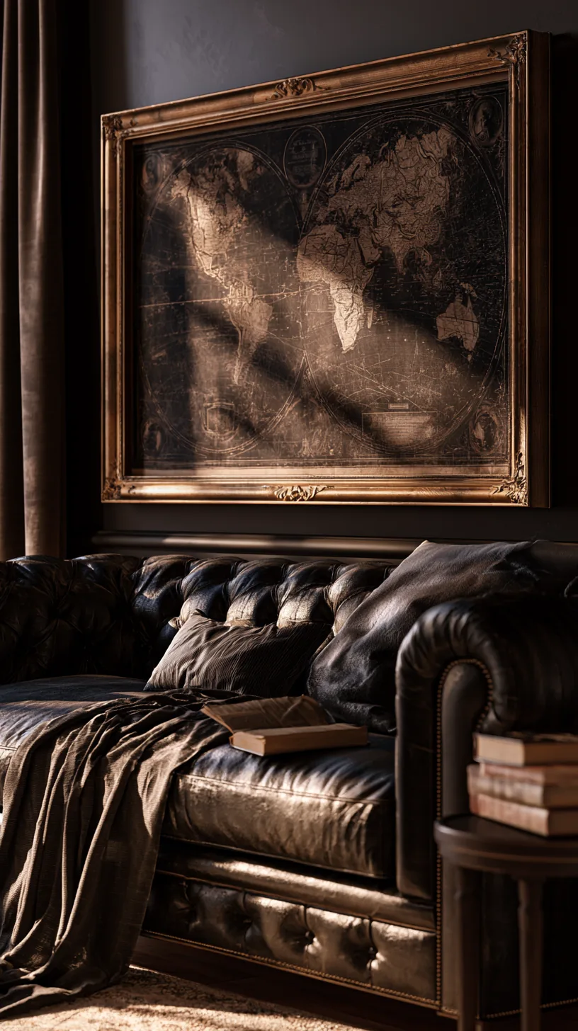a vintage world map framed as art on a living room wall, photo 3 of 8