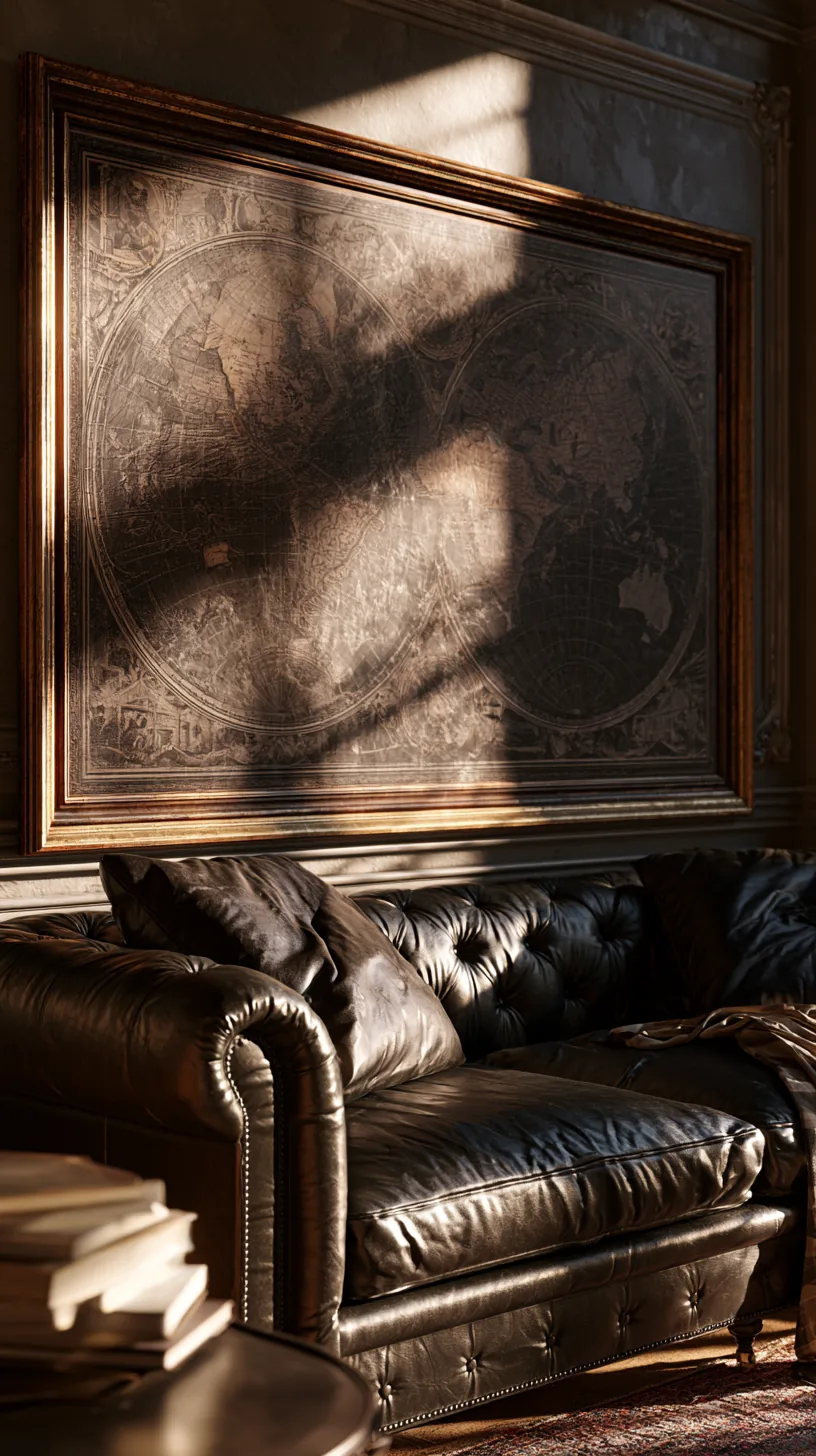 a vintage world map framed as art on a living room wall, photo 4 of 8