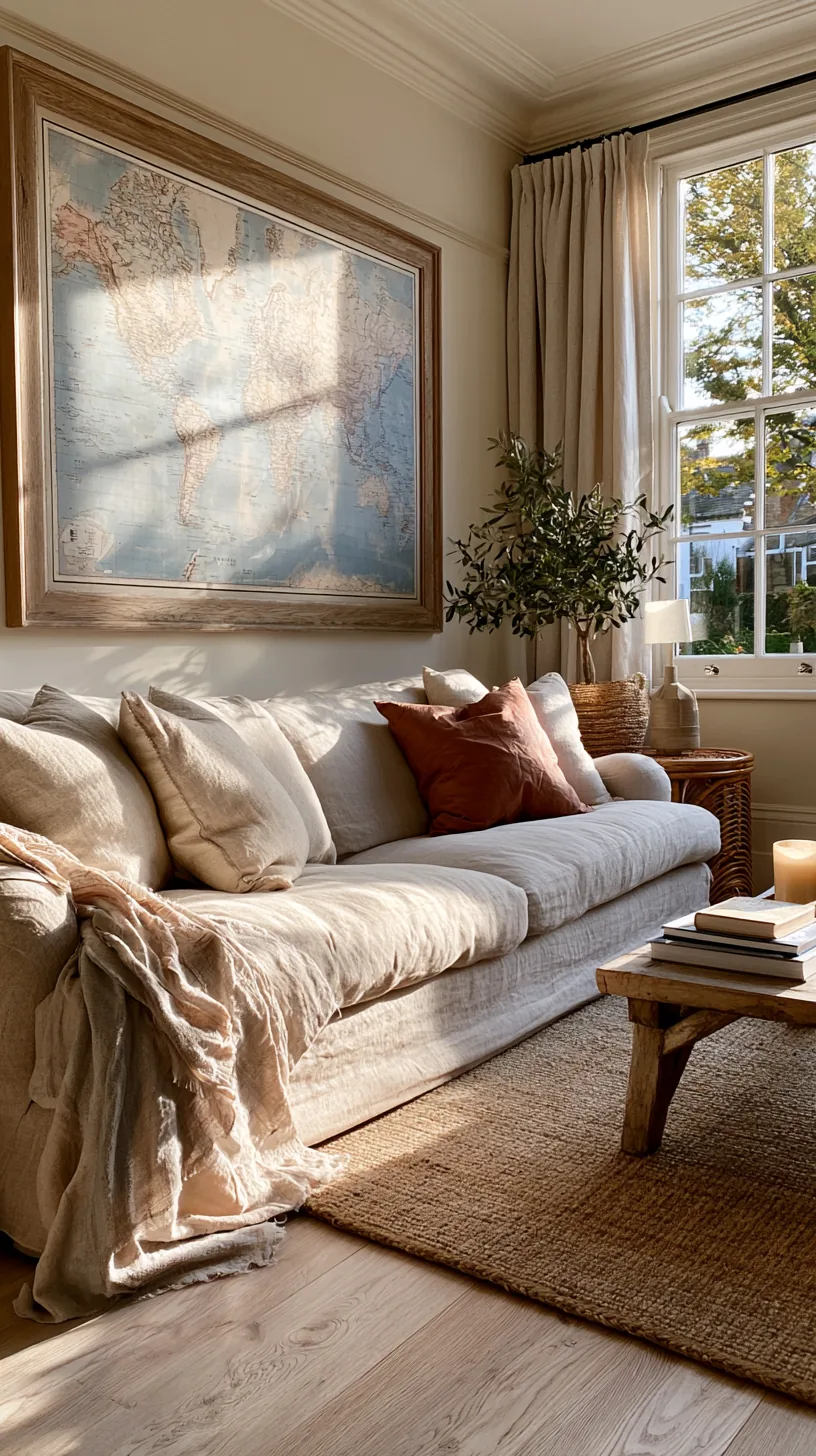 a vintage world map framed as art on a living room wall, photo 6 of 8