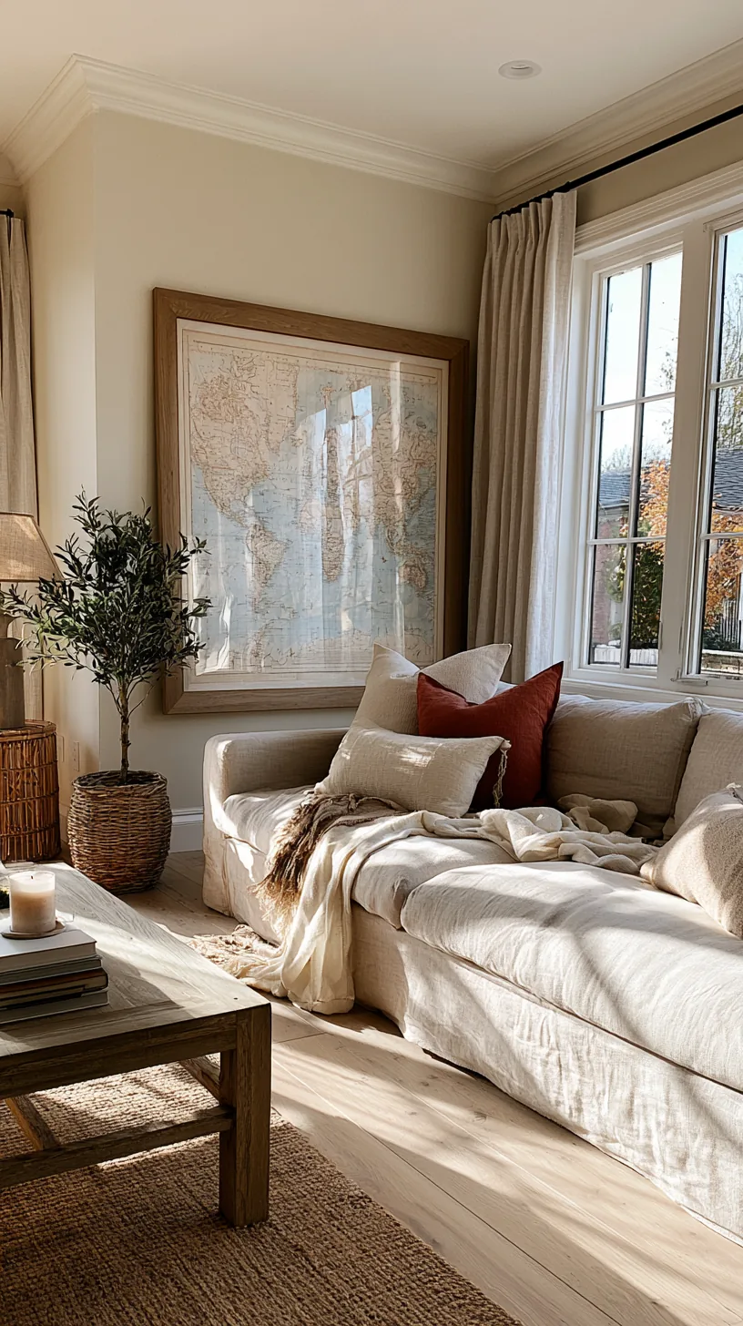 a vintage world map framed as art on a living room wall, photo 7 of 8
