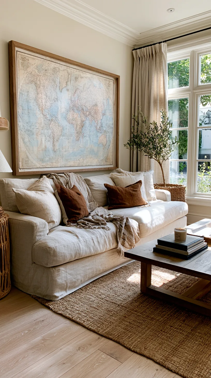 a vintage world map framed as art on a living room wall, photo 8 of 8