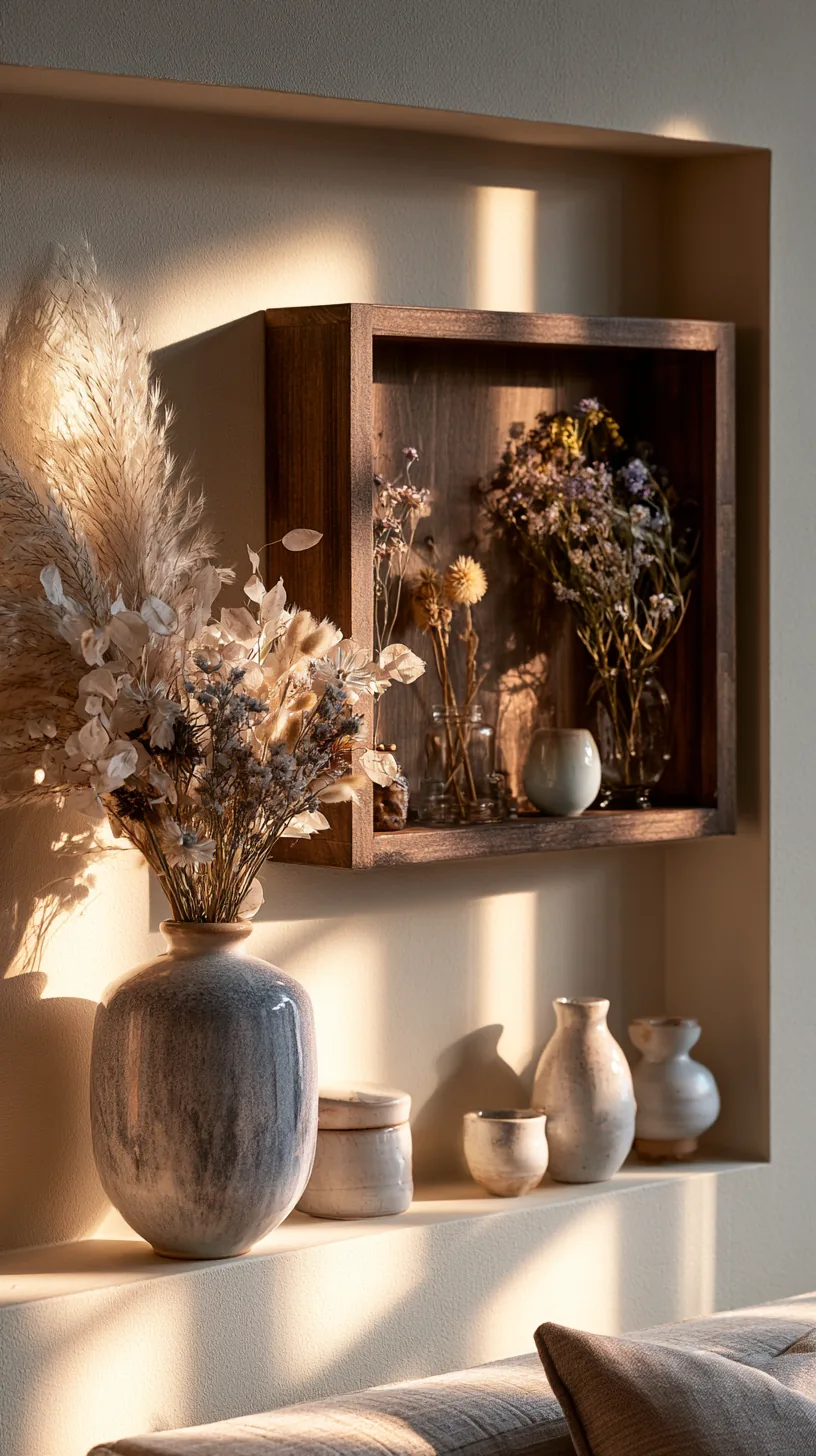 a shadow box display of small keepsakes on a living room wall, photo 1 of 4
