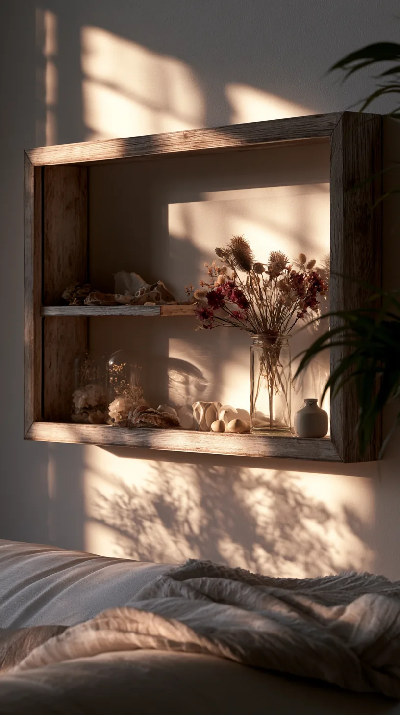 a shadow box display of small keepsakes on a living room wall, photo 2 of 4