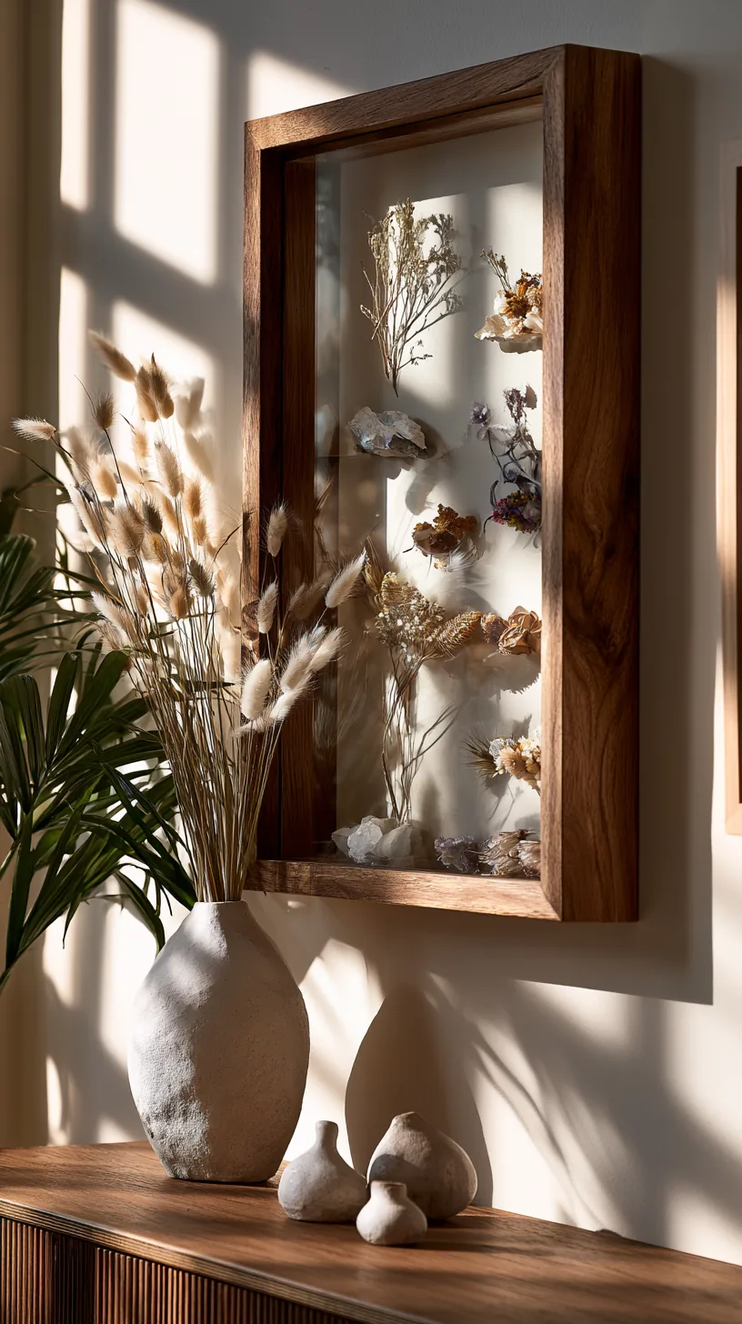 a shadow box display of small keepsakes on a living room wall, photo 3 of 4