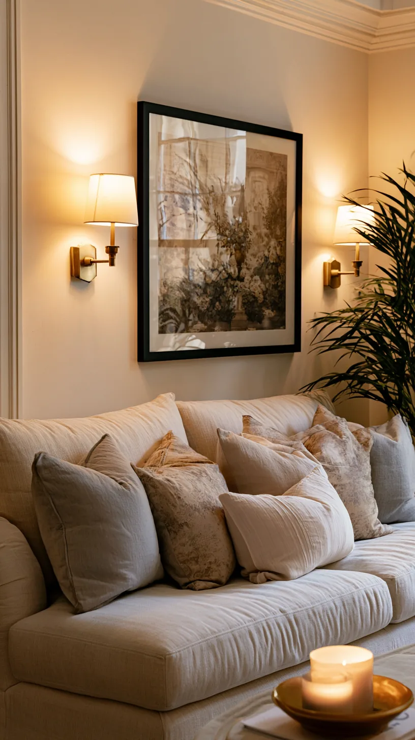 a pair of wall sconces framing art above a living room sofa, photo 1 of 7