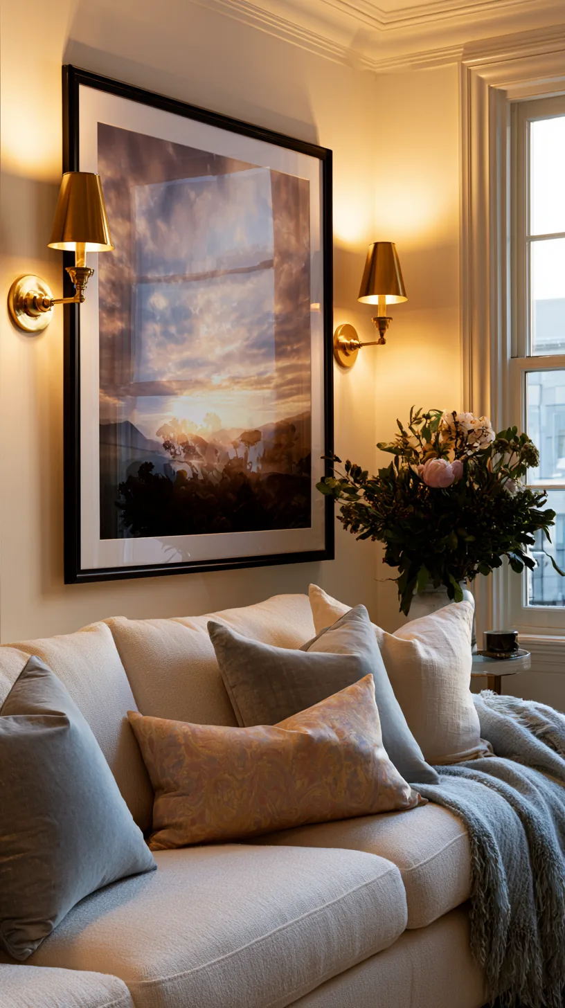 a pair of wall sconces framing art above a living room sofa, photo 2 of 7