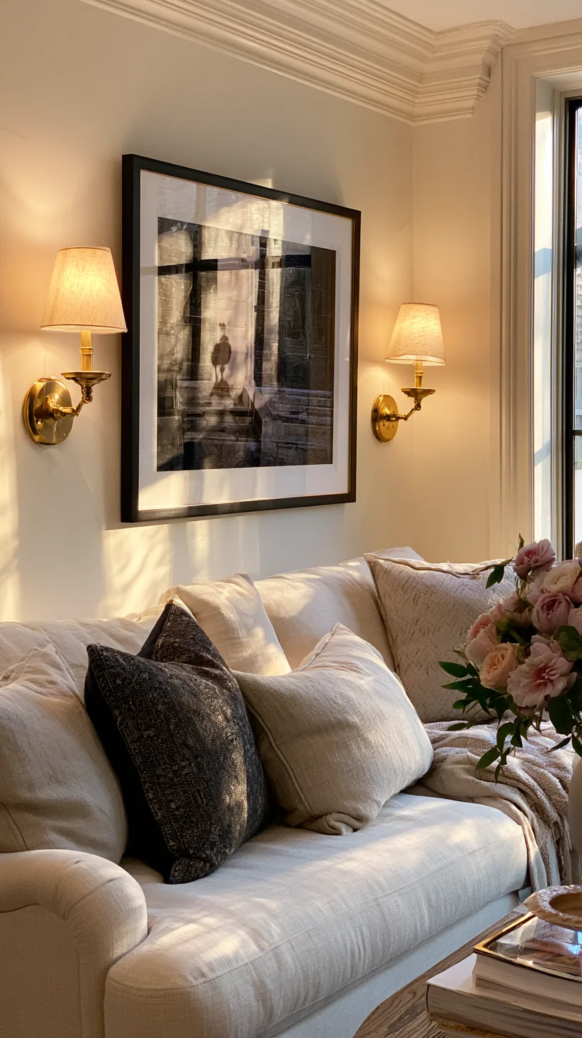 a pair of wall sconces framing art above a living room sofa, photo 3 of 7