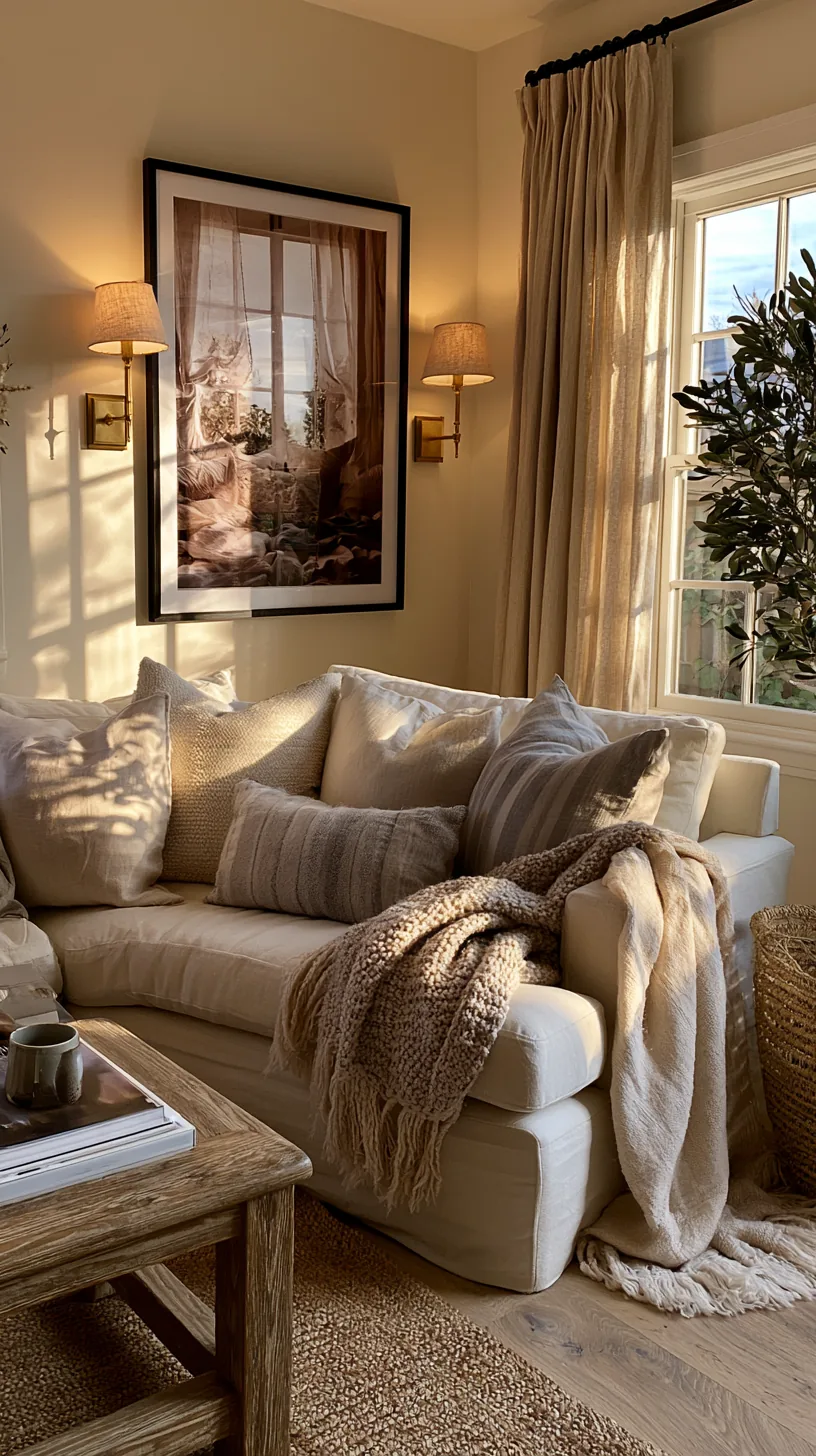 a pair of wall sconces framing art above a living room sofa, photo 4 of 7