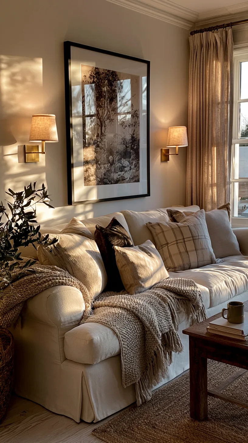 a pair of wall sconces framing art above a living room sofa, photo 5 of 7