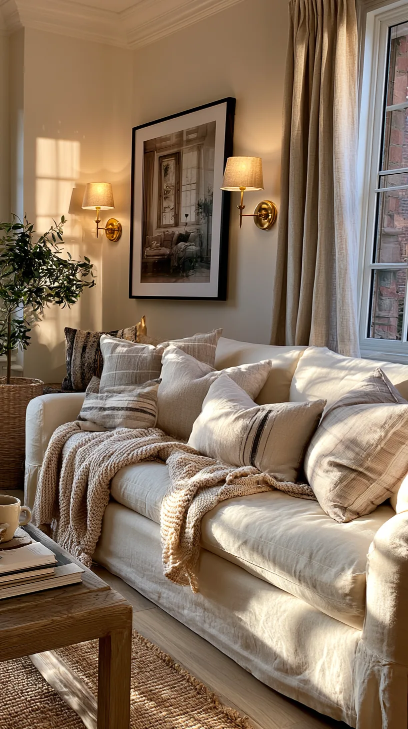a pair of wall sconces framing art above a living room sofa, photo 7 of 7