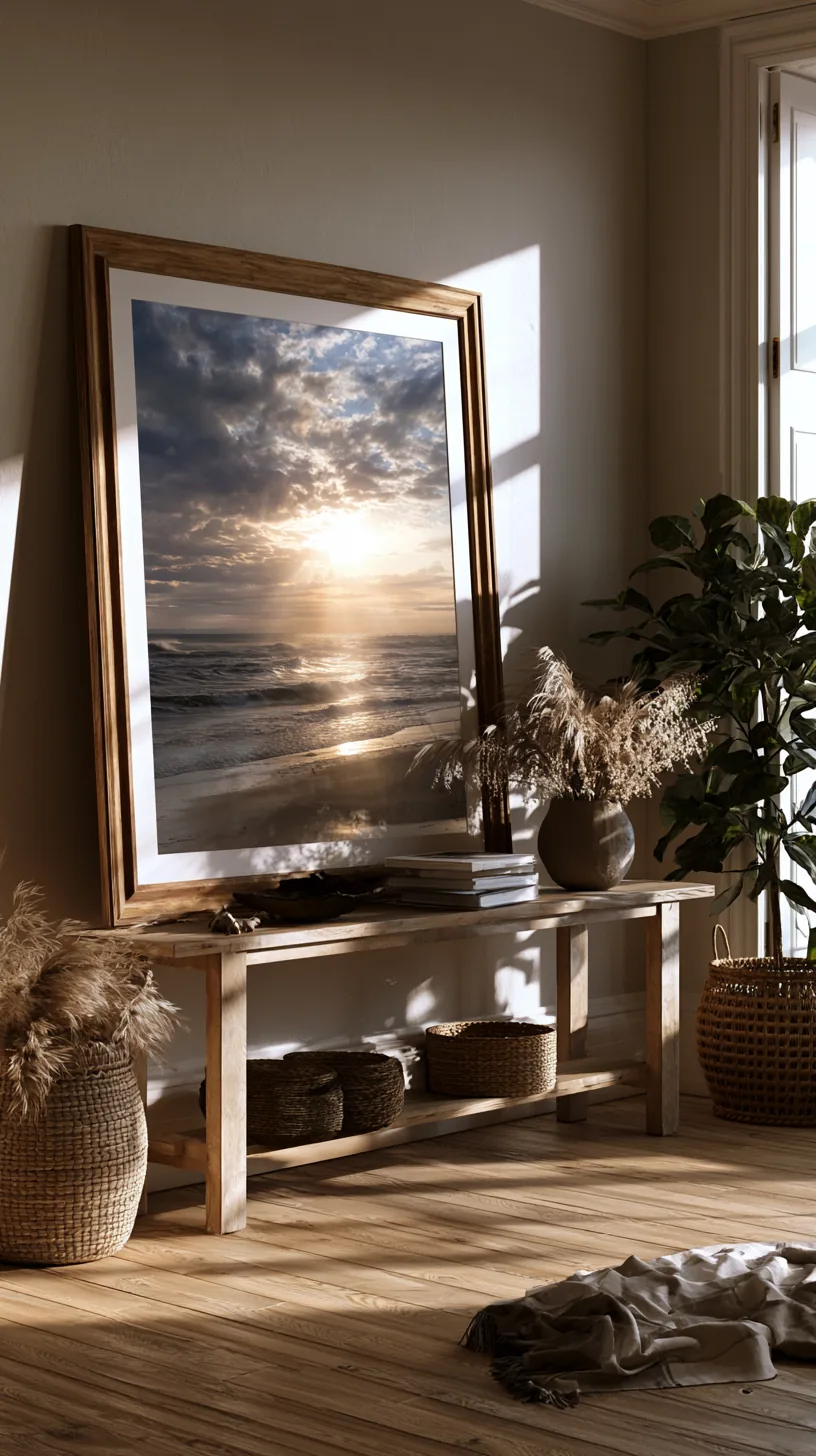 a large framed print leaning against a living room wall on the floor, photo 1 of 4