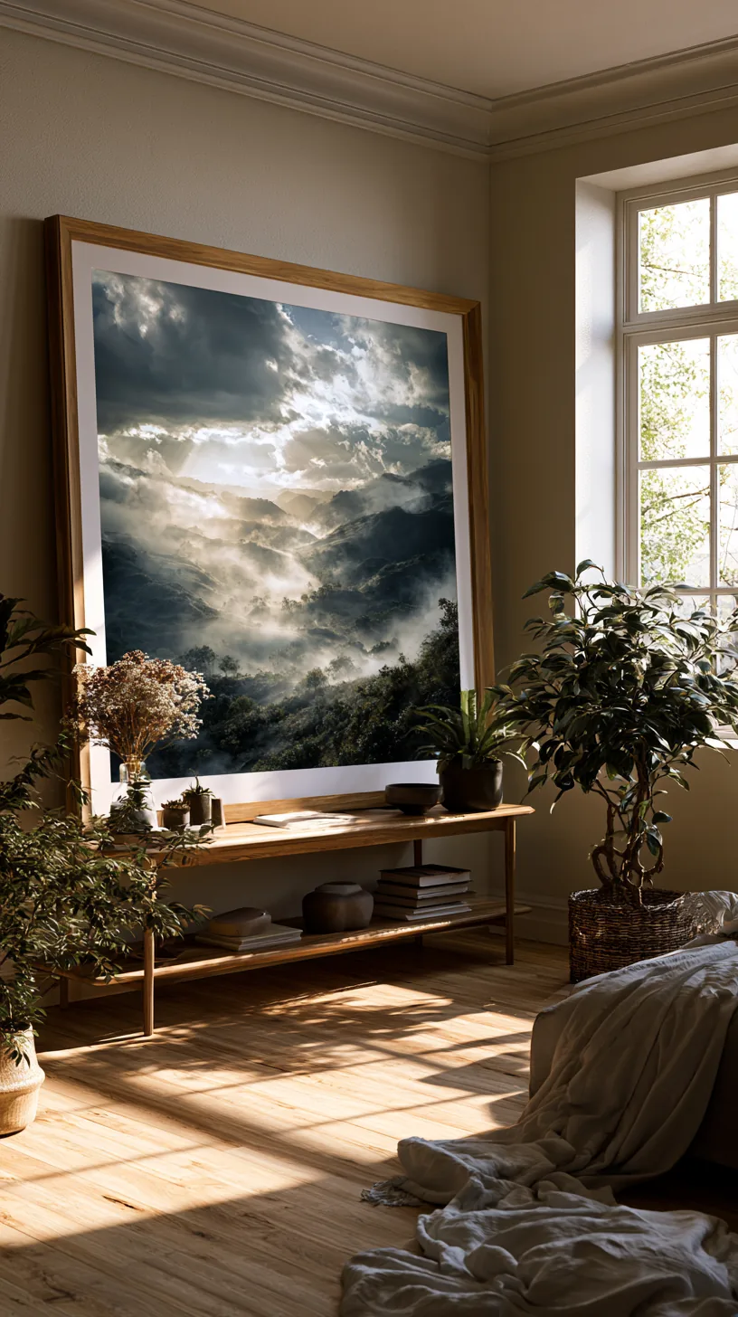 a large framed print leaning against a living room wall on the floor, photo 2 of 4