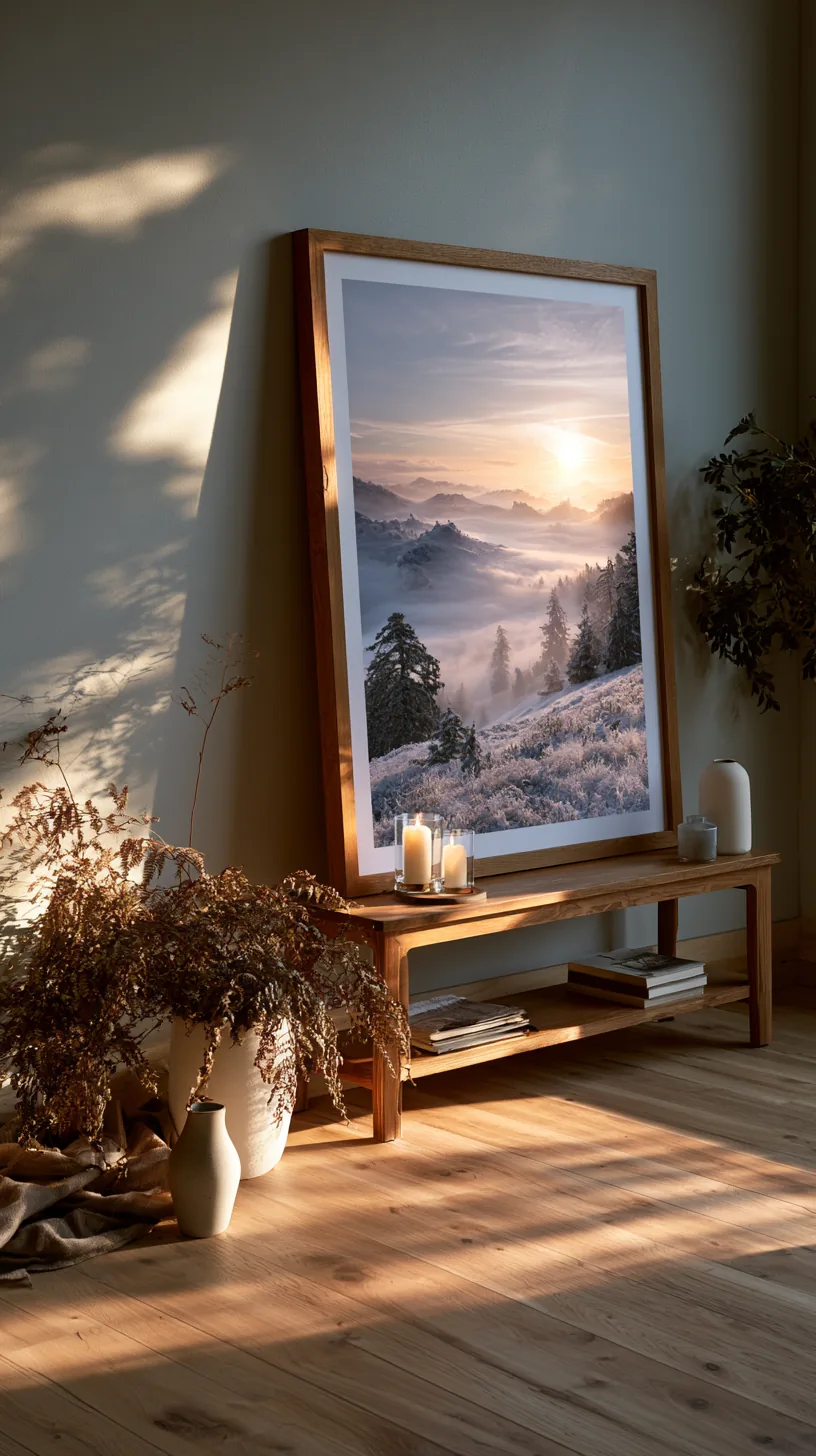 a large framed print leaning against a living room wall on the floor, photo 3 of 4