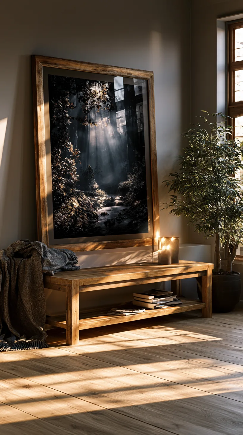 a large framed print leaning against a living room wall on the floor, photo 4 of 4