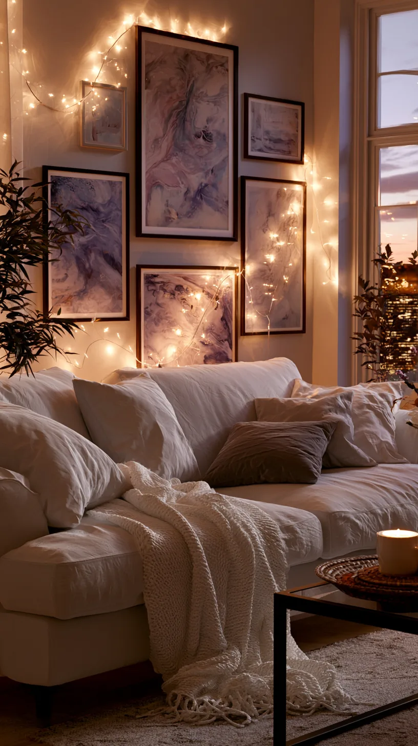 warm white string lights draped as art on a living room wall, photo 2 of 8