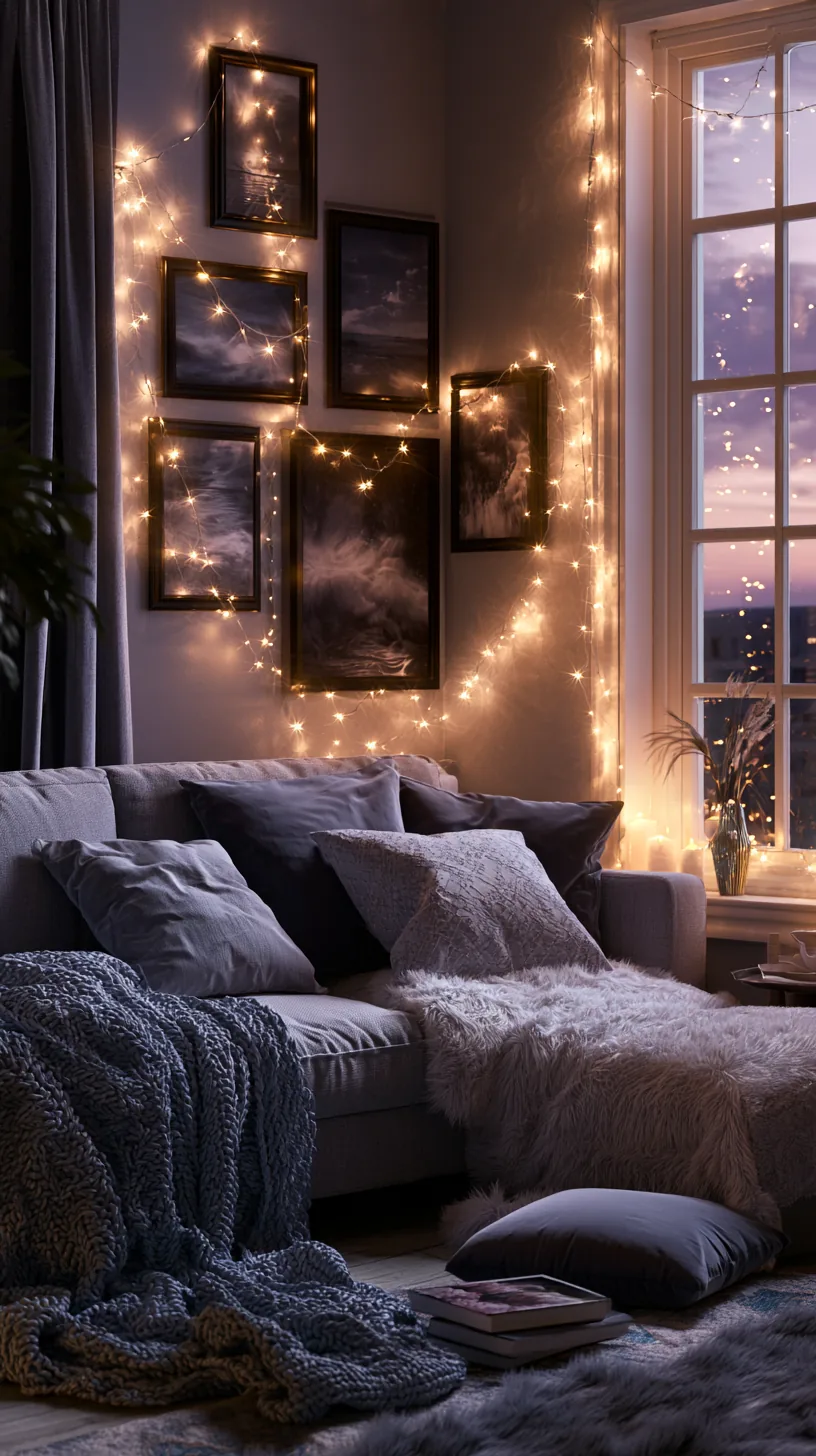 warm white string lights draped as art on a living room wall, photo 4 of 8