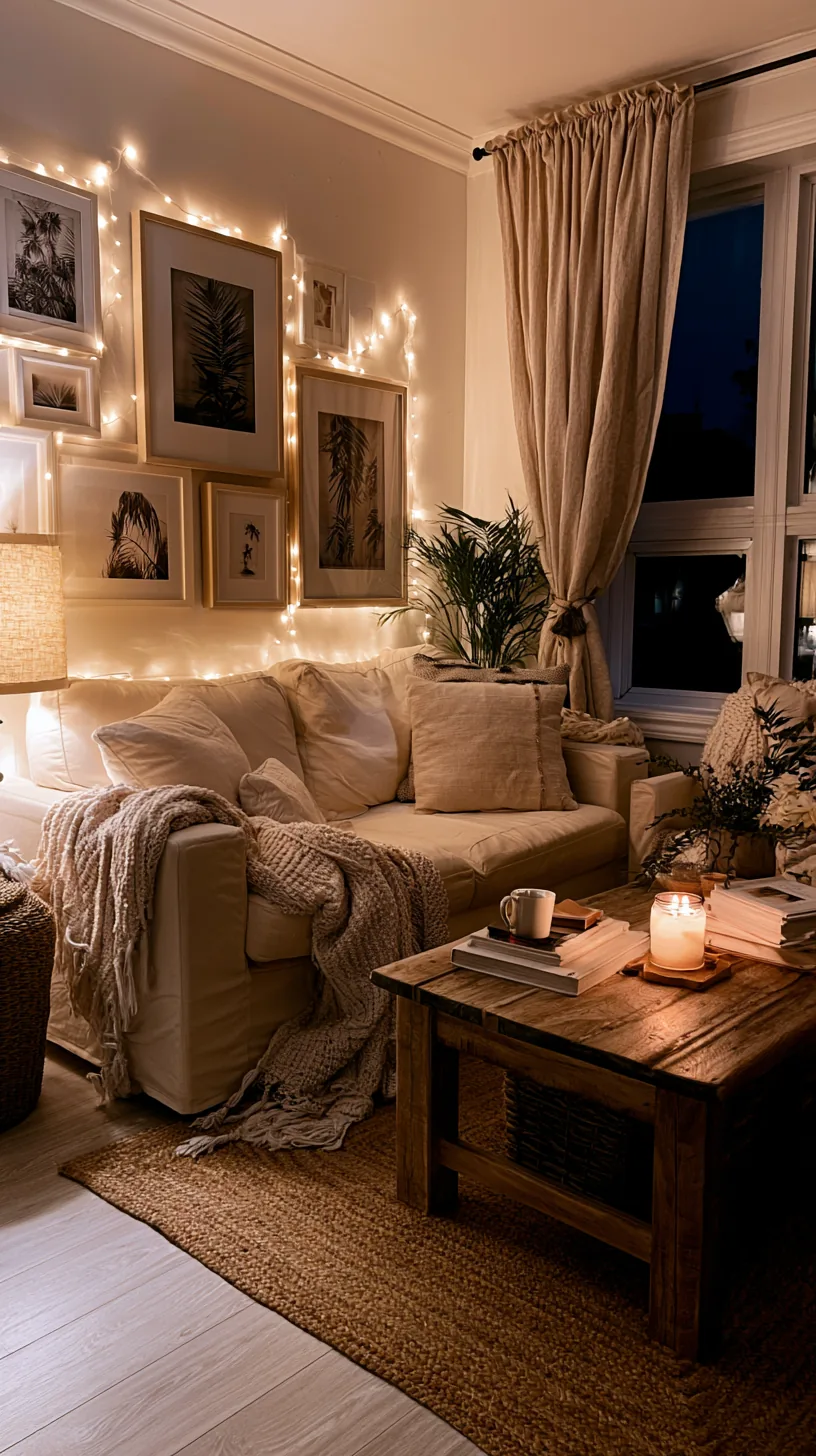 warm white string lights draped as art on a living room wall, photo 5 of 8