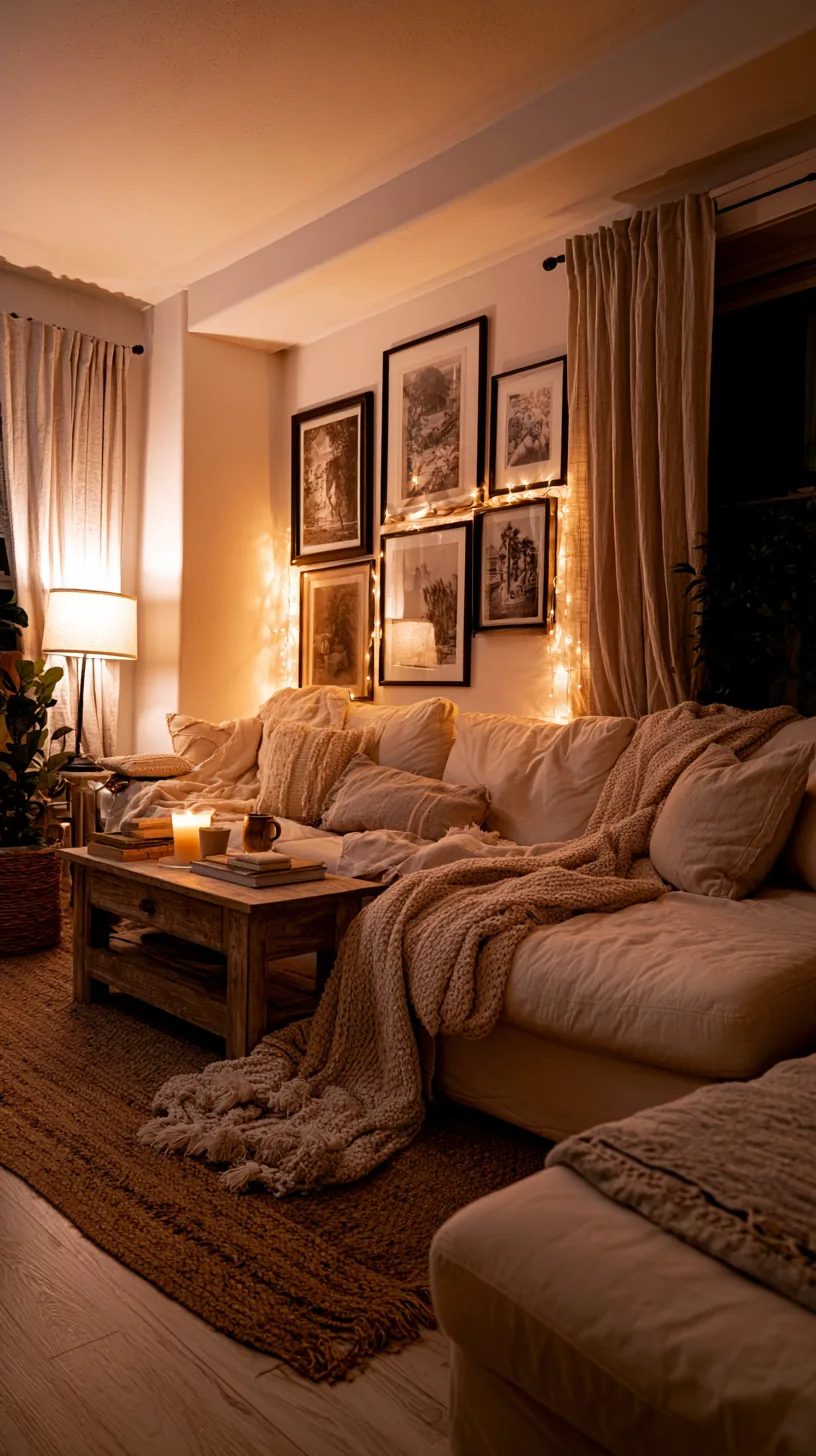 warm white string lights draped as art on a living room wall, photo 6 of 8