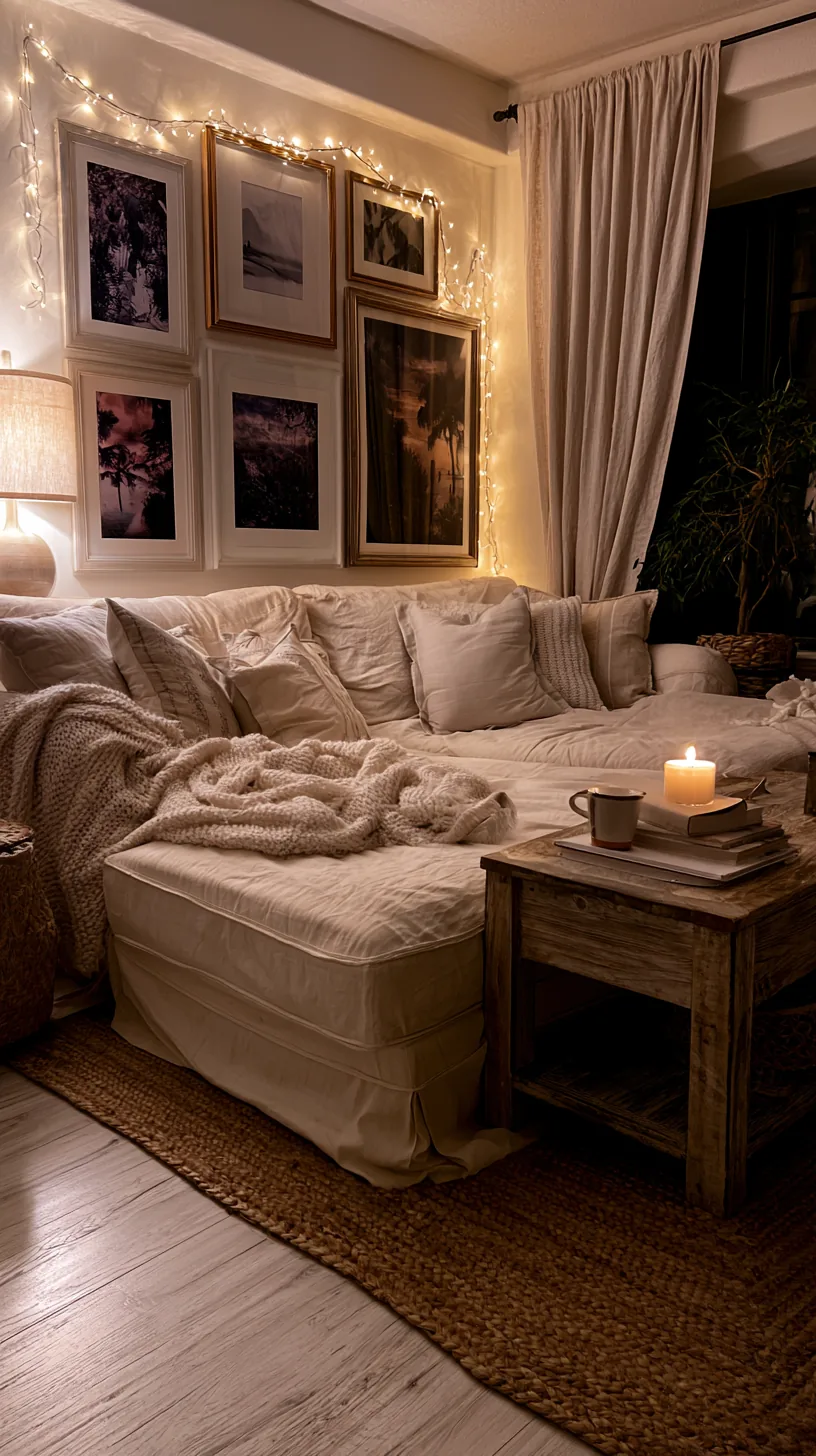 warm white string lights draped as art on a living room wall, photo 7 of 8